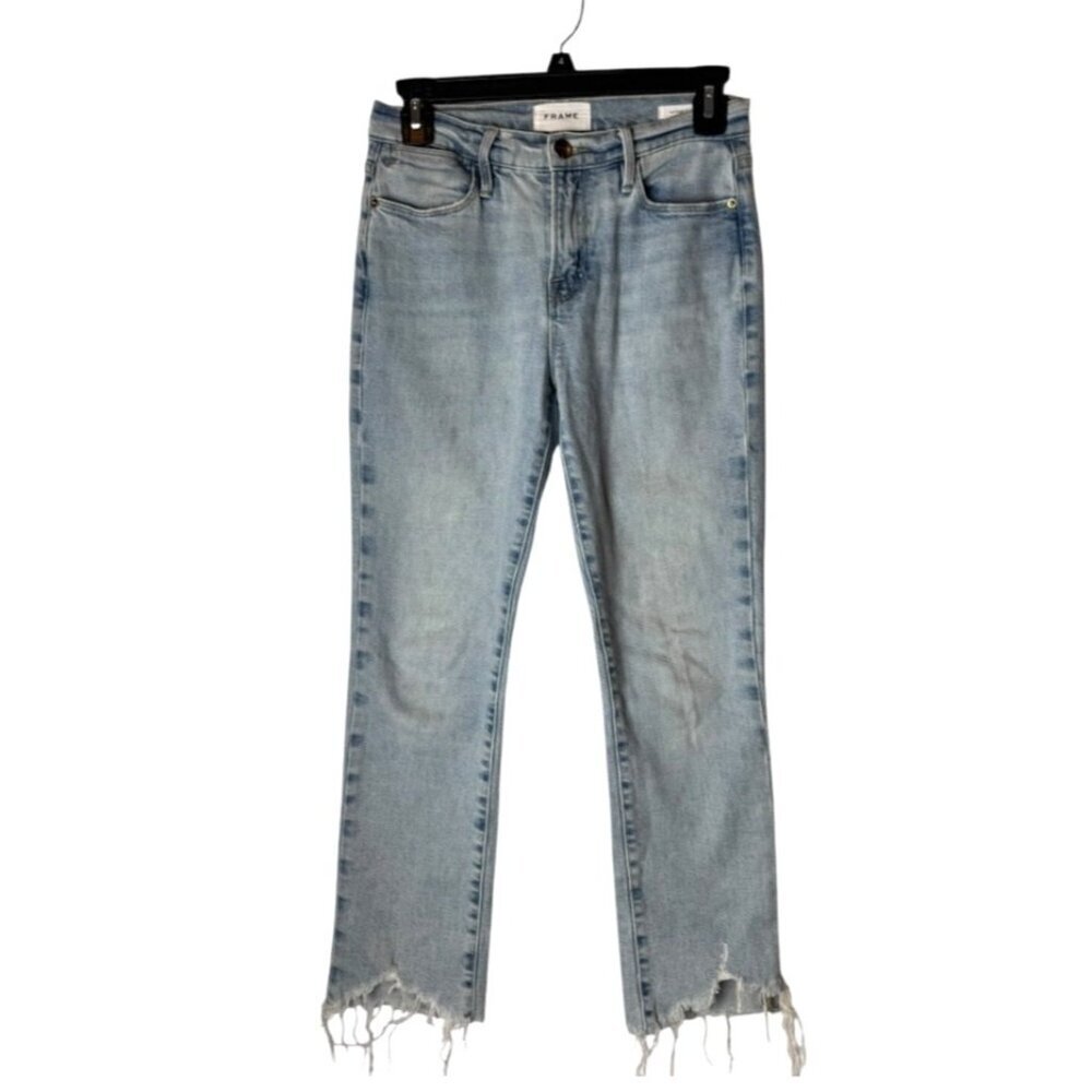 Frame Jeans Women 24 Blue Hemp Blend Bathe Chew Le High Straight Chewed‎ Hem